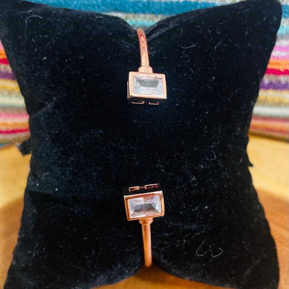 Two Tone Baguette Cut CZ Adjustable Cuff Bangle Duo Gold & Rose Gold Filled - Picture 9 of 10